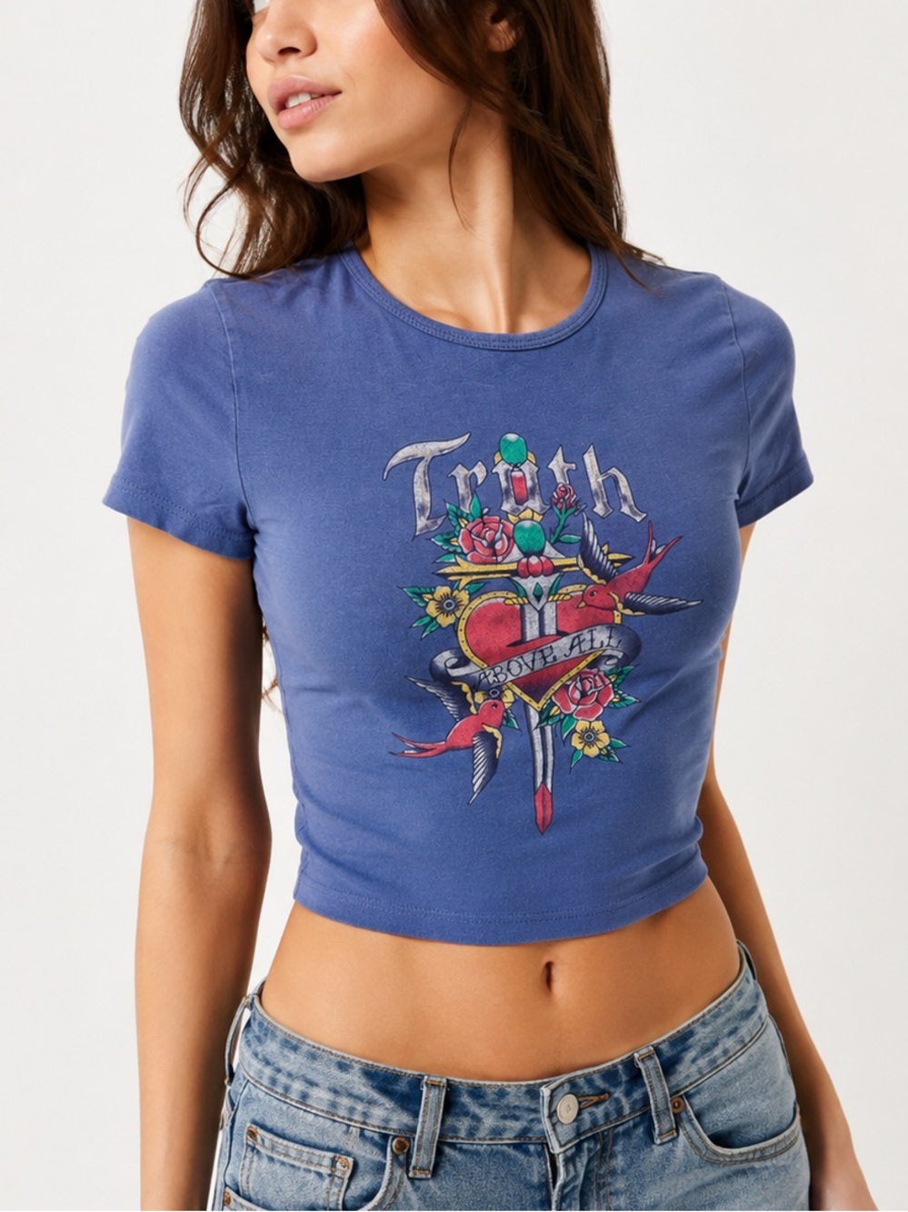 🌼 3/$15 SALE Hollister Truth Above All Graphic Baby Tee Blue Tattoo Heart S